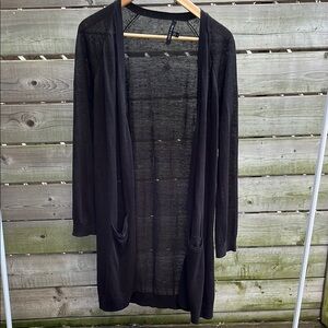 JUDITH & CHARLES black linen long open cardigan, size large